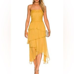Shona Joy Iris Pin Tuck Frill Midi Dress in Saffron Yellow Size 6